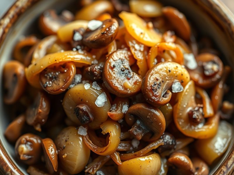 Gewürzte, gebräunte Pilz- und Zwiebelmischung, die in einer Schüssel wartet, um wieder zum Eintopf hinzugefügt zu werden.