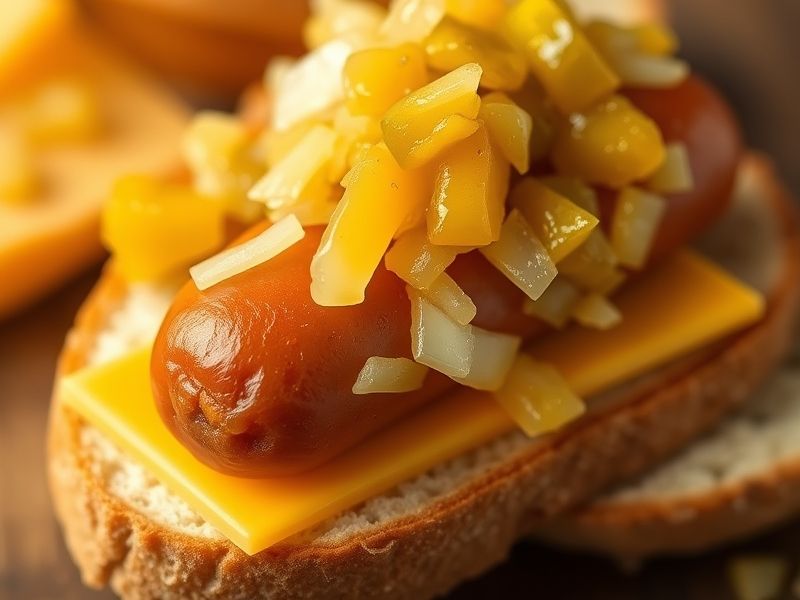 Une tranche de pain aplatie garnie d'une demi-tranche de cheddar, d'un hot-dog, d'oignon émincé et de cornichons sucrés, prête à être roulée.
