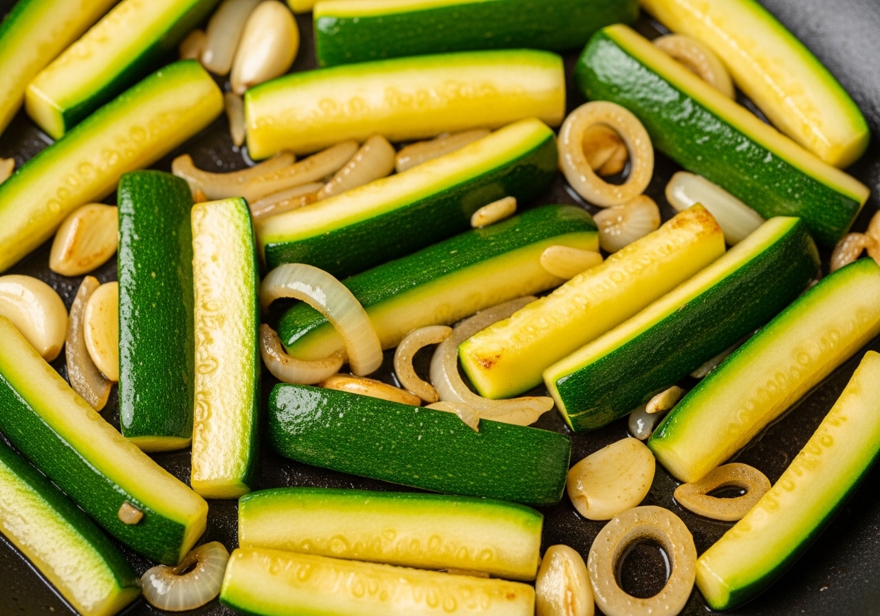 Bâtonnets de courgettes d'un vert vibrant en train d'être sautés avec des oignons, de l'ail et du gingembre dans une poêle.
