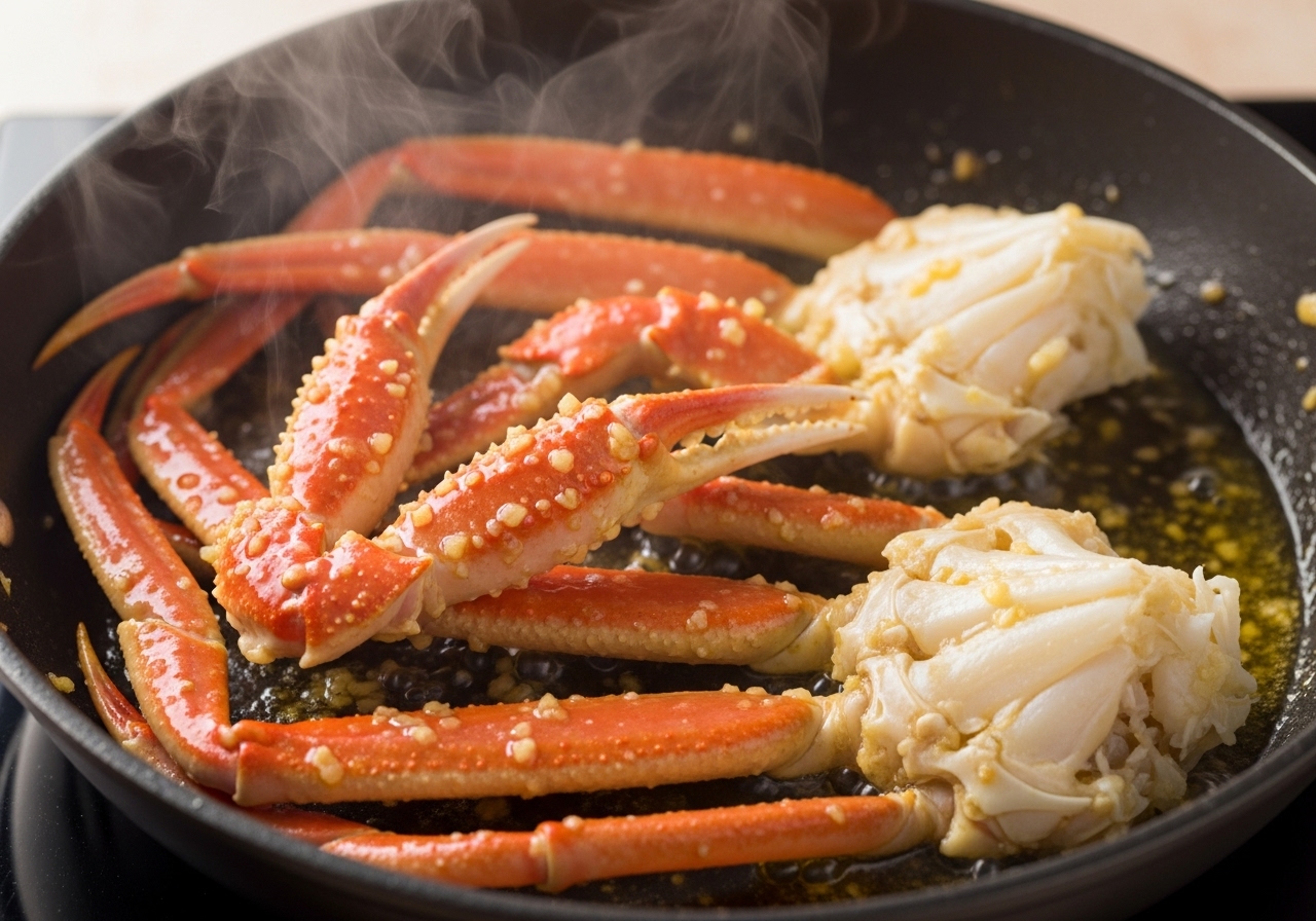 Pattes de crabe étant mélangées dans une poêle, enrobées de sauce au beurre à l'ail