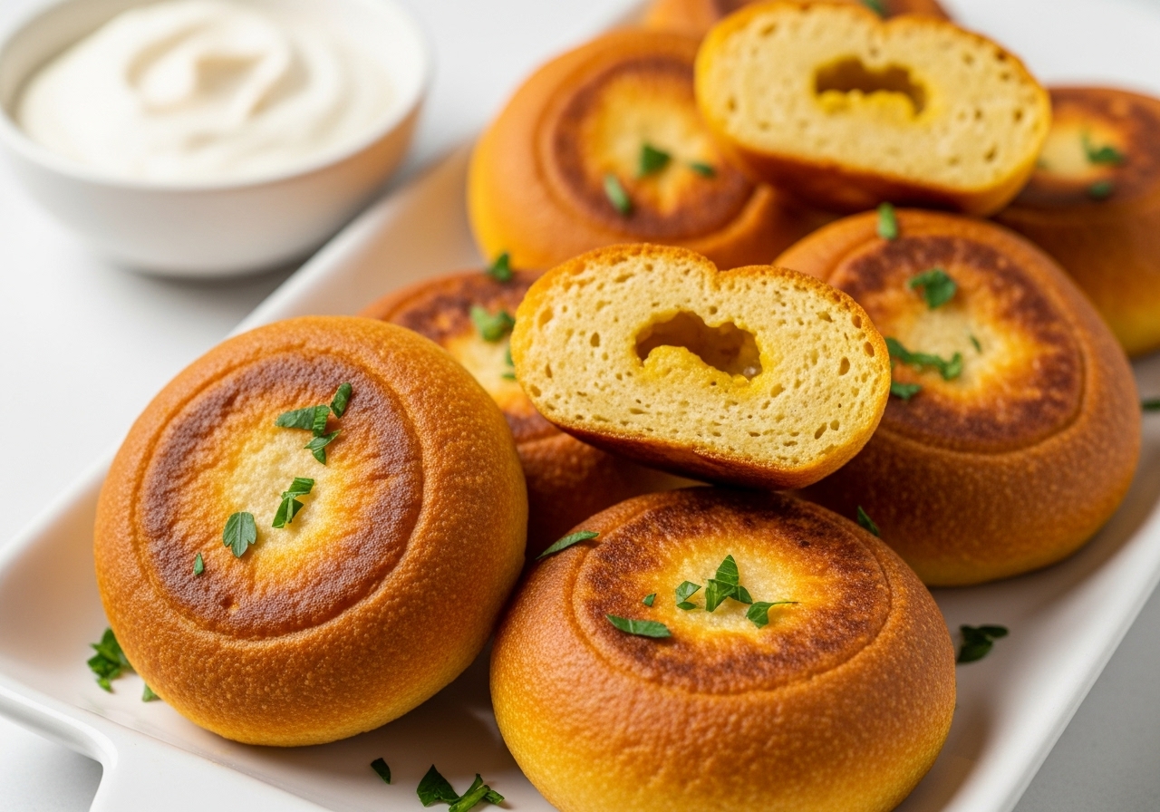 Close-up of several perfectly cooked, golden-brown Arayes halves piled on a platter with tahini sauce.