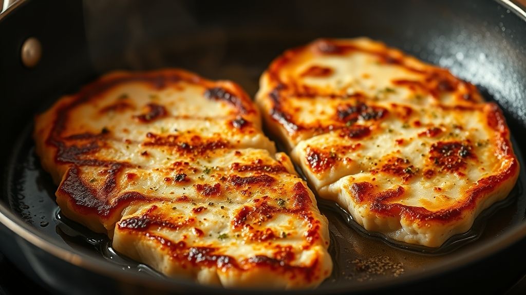 The remaining two floured pork cutlets cooking in the skillet, achieving a perfect golden-brown crust, with a slight haze of steam, in golden yellow tones.