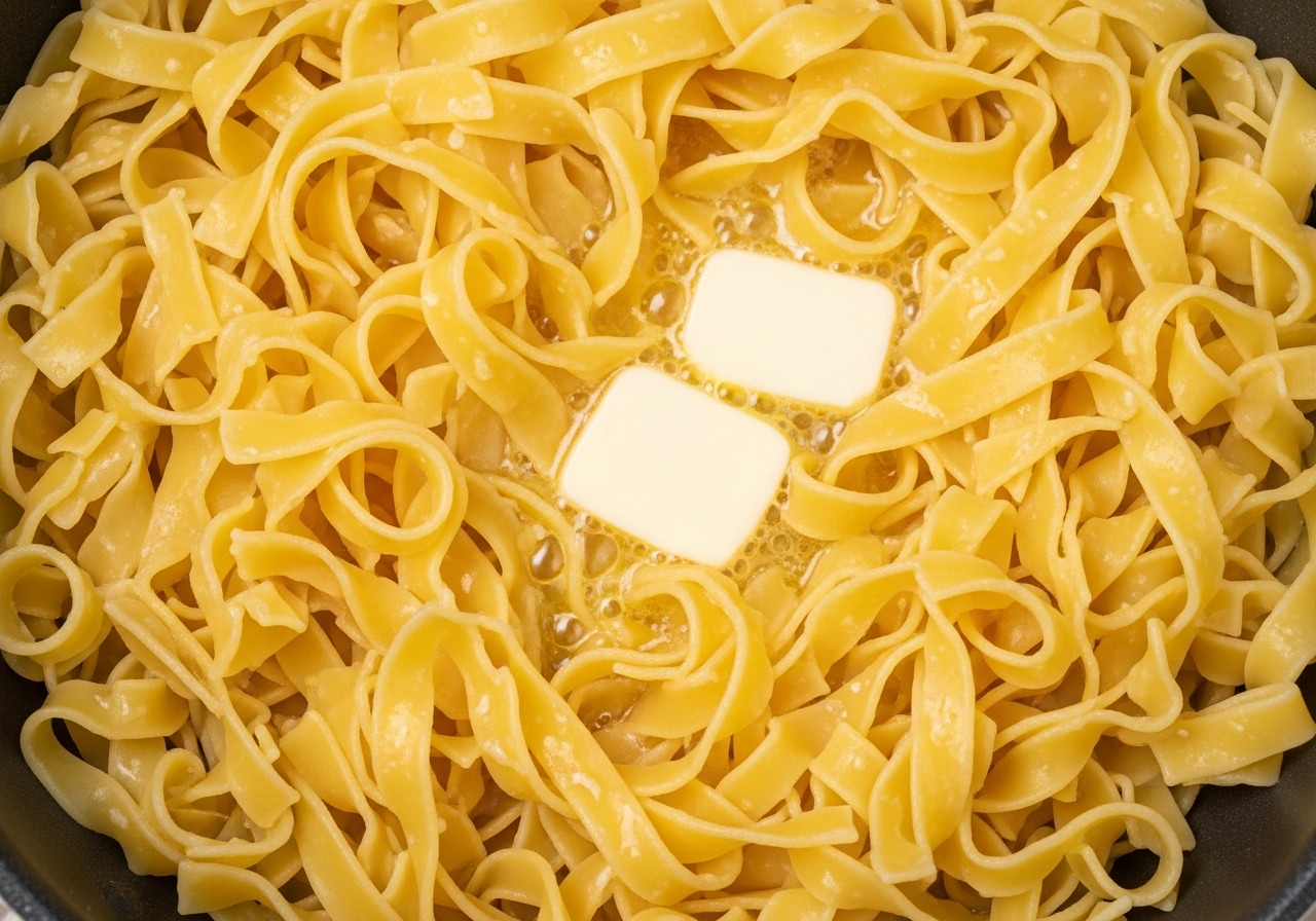 Nahaufnahme von breiten Eiernudeln, die mit geschmolzener Butter in einem Topf vermischt werden und ihre weiche Textur und goldene Schimmer zeigen. Goldgelbe Töne.