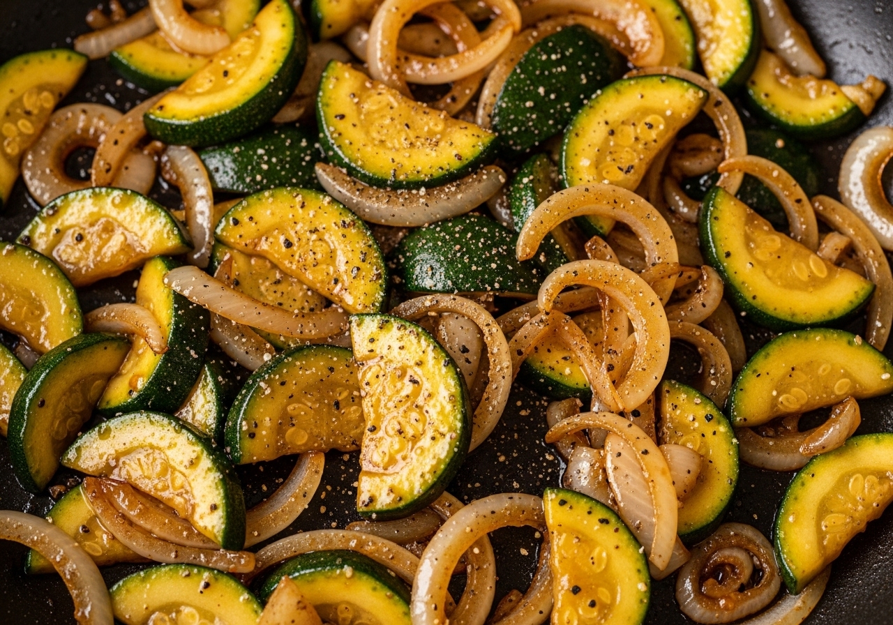 Courgettes et oignons enrobés d'une sauce soja-sésame brillante, mijotant dans une poêle.