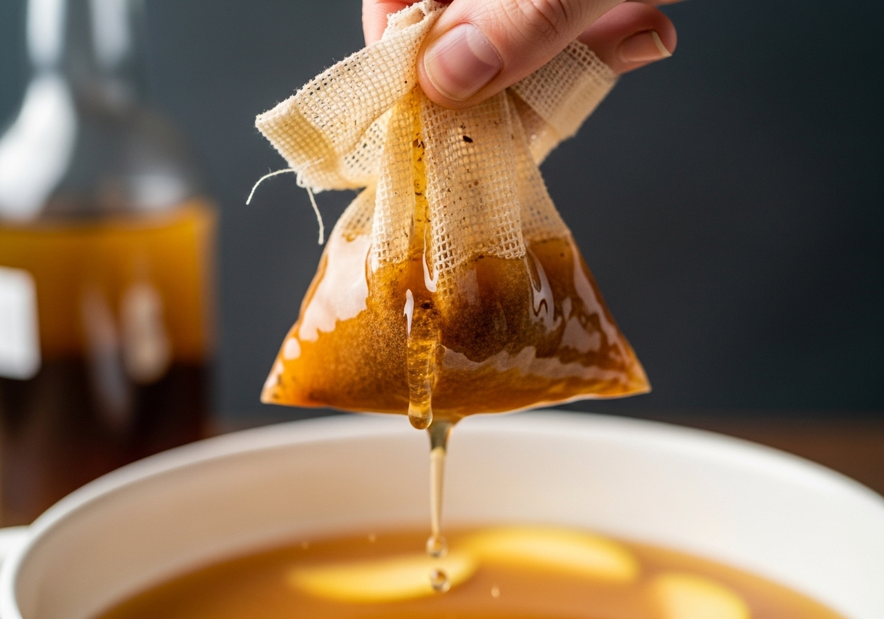 Hand removing the spice bag from simmering apple cider.