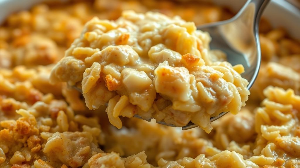 Une portion du gratin de poulet et de riz de Mamaw en train d'être servie du plat
