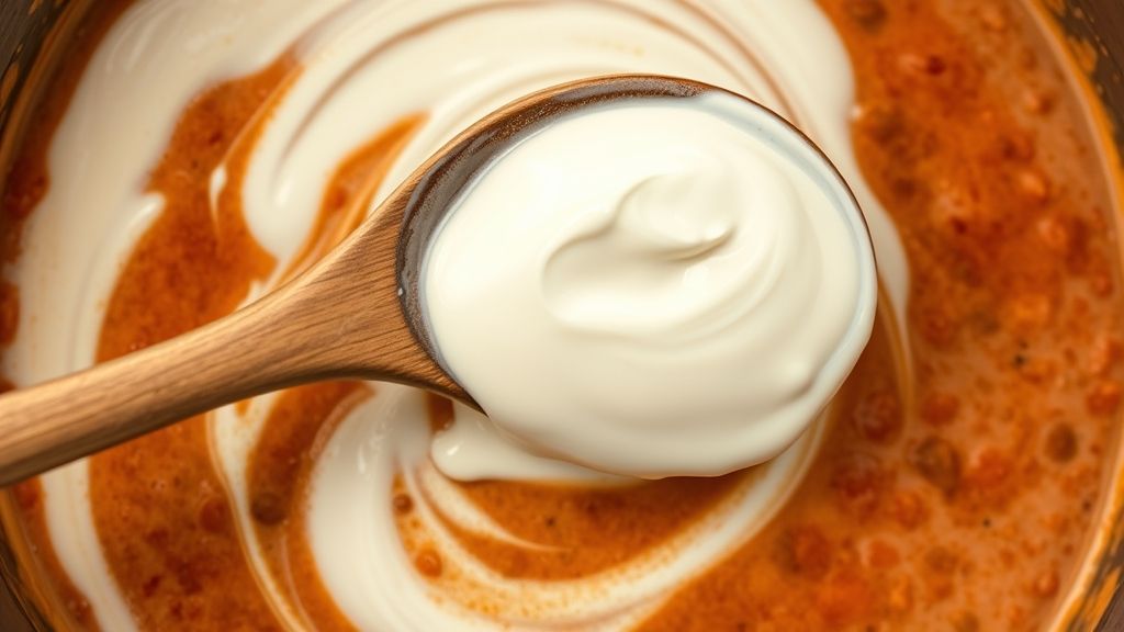 An overhead shot of a wooden spoon actively stirring swirls of rich white sour cream and heavy whipping cream into the hot, off-the-heat chili in the saucepan. The creamy additions are creating beautiful white marbling against the pale chili base as they begin to blend. Photorealistic, 16:9 widescreen aspect ratio, soft golden light.