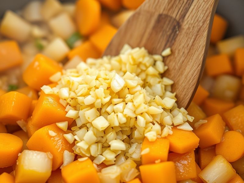 Gepresster Knoblauch wird in einen Topf mit weichen Karotten und Lauch gerührt und entfaltet sein Aroma.