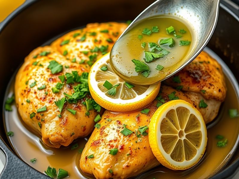Finished lemon herb chicken in the skillet, garnished with fresh parsley and lemon slices.