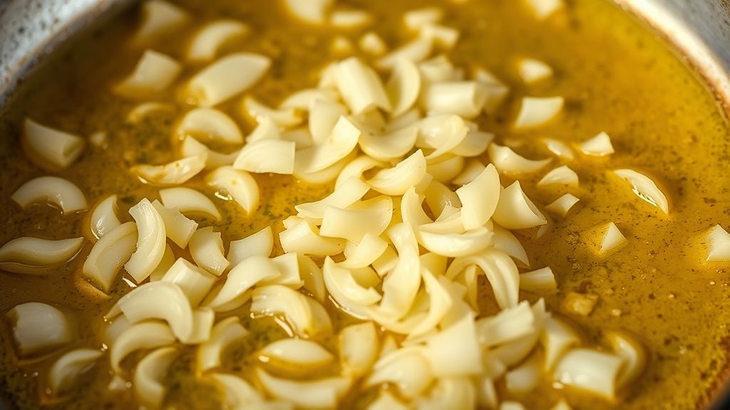 Finely chopped shallots and thinly sliced garlic gently sautéing in melted butter in a skillet, just beginning to turn fragrant and lightly golden, in warm, golden yellow tones.