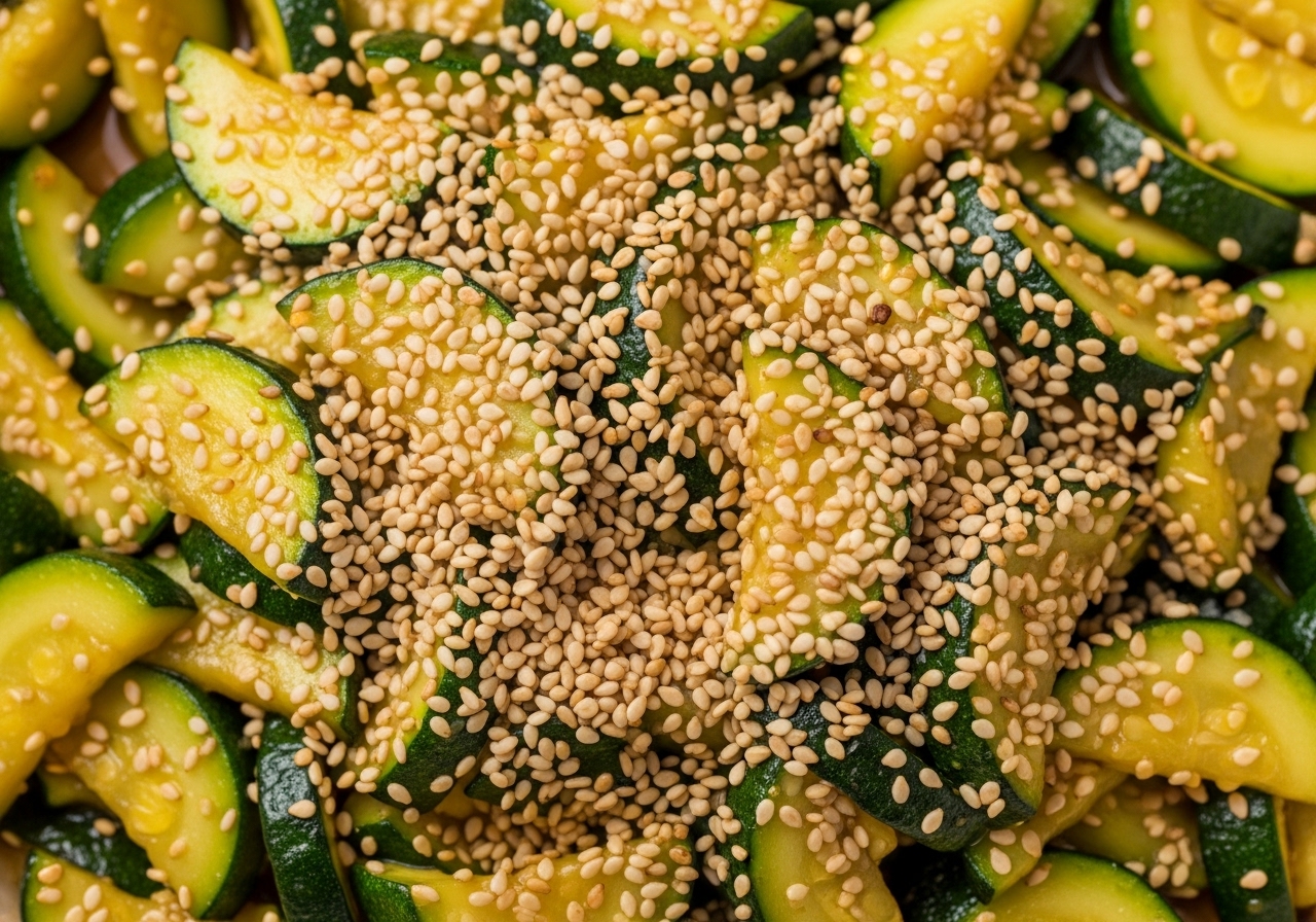 Courgettes sautées terminées dans un bol, généreusement garnies de graines de sésame toastées.