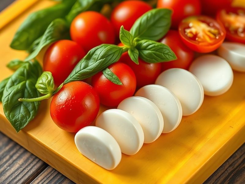 Viertelweise Mozzarella-Perlen, Kirschtomaten und dünn geschnittene frische Basilikumblätter auf einem Schneidebrett.