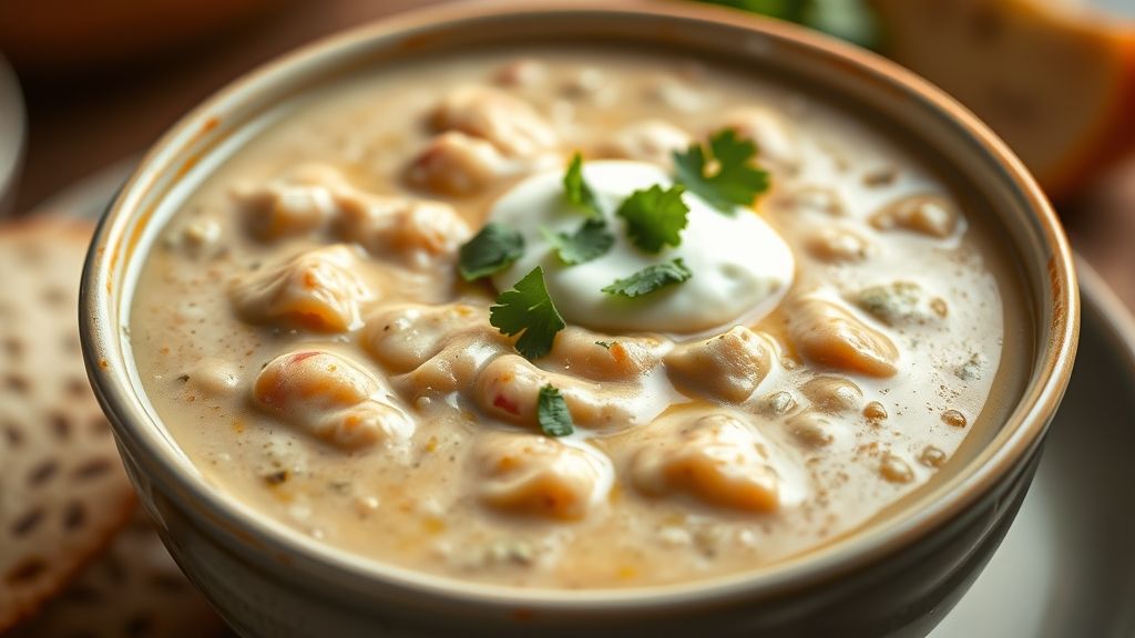 A beautifully styled close-up of a serving bowl filled with creamy white chili, garnished with a sprinkle of fresh chopped cilantro and a small dollop of sour cream. The chili looks rich, inviting, and warm, ready to be enjoyed. Photorealistic, 16:9 widescreen aspect ratio, focus on texture and warmth, golden highlights.