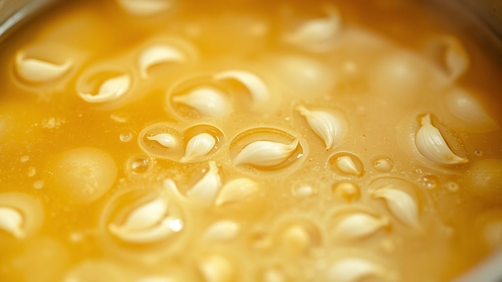 Chicken broth being poured into the skillet with sautéed shallots and garlic, simmering and visibly reducing, concentrating the aromatic flavors, in golden yellow tones.