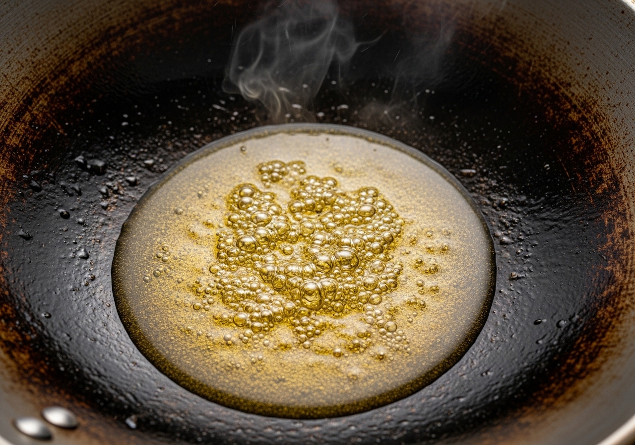 Ultra-Nahaufnahme von 2 EL goldgelbem Kochöl, das in einem gut eingearbeiteten Kohlenstoffstahl-Wok bei hoher Hitze leicht schimmert und raucht. Die Wok-Oberfläche zeigt eine reichhaltige Textur.