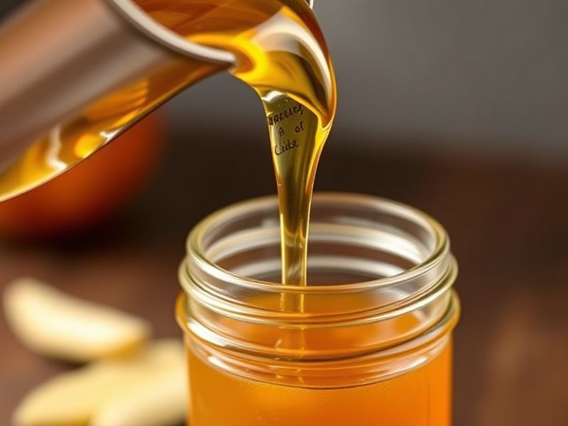 Cooled apple cider syrup being poured into a glass jar.