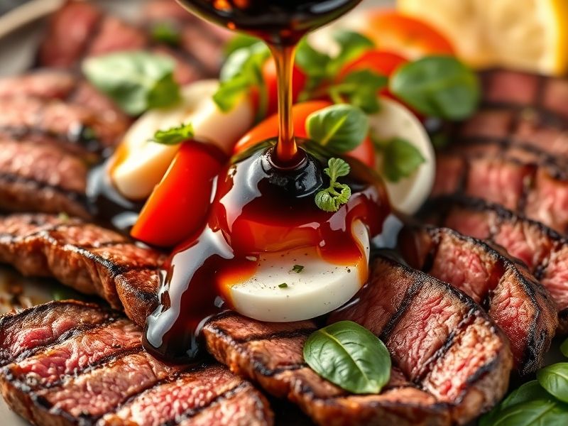 Dünn geschnittenes, gegrilltes Steak, belegt mit Mozzarella, Kirschtomaten, Basilikum und Balsamico-Glasur.