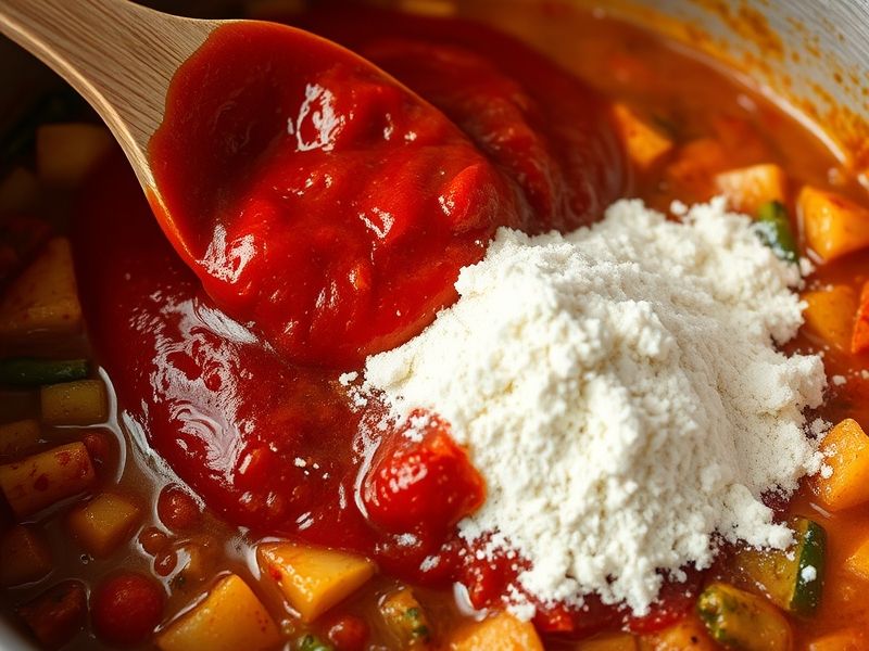 Tomatenmark und Mehl vermischen sich mit den angebratenen Gemüsen und bilden eine dicke Basis.