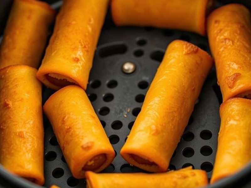Des rouleaux de hot-dog dorés et croustillants disposés dans un panier de friteuse à air après la cuisson.