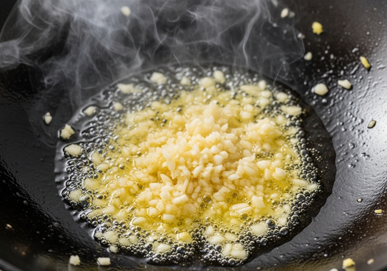 Ultra-Nahaufnahme von fein gehacktem Knoblauch und Ingwer, die in heißem Öl in einem Wok zischen und goldbraun werden. Dampf und aromatischer Rauch steigen sanft auf.
