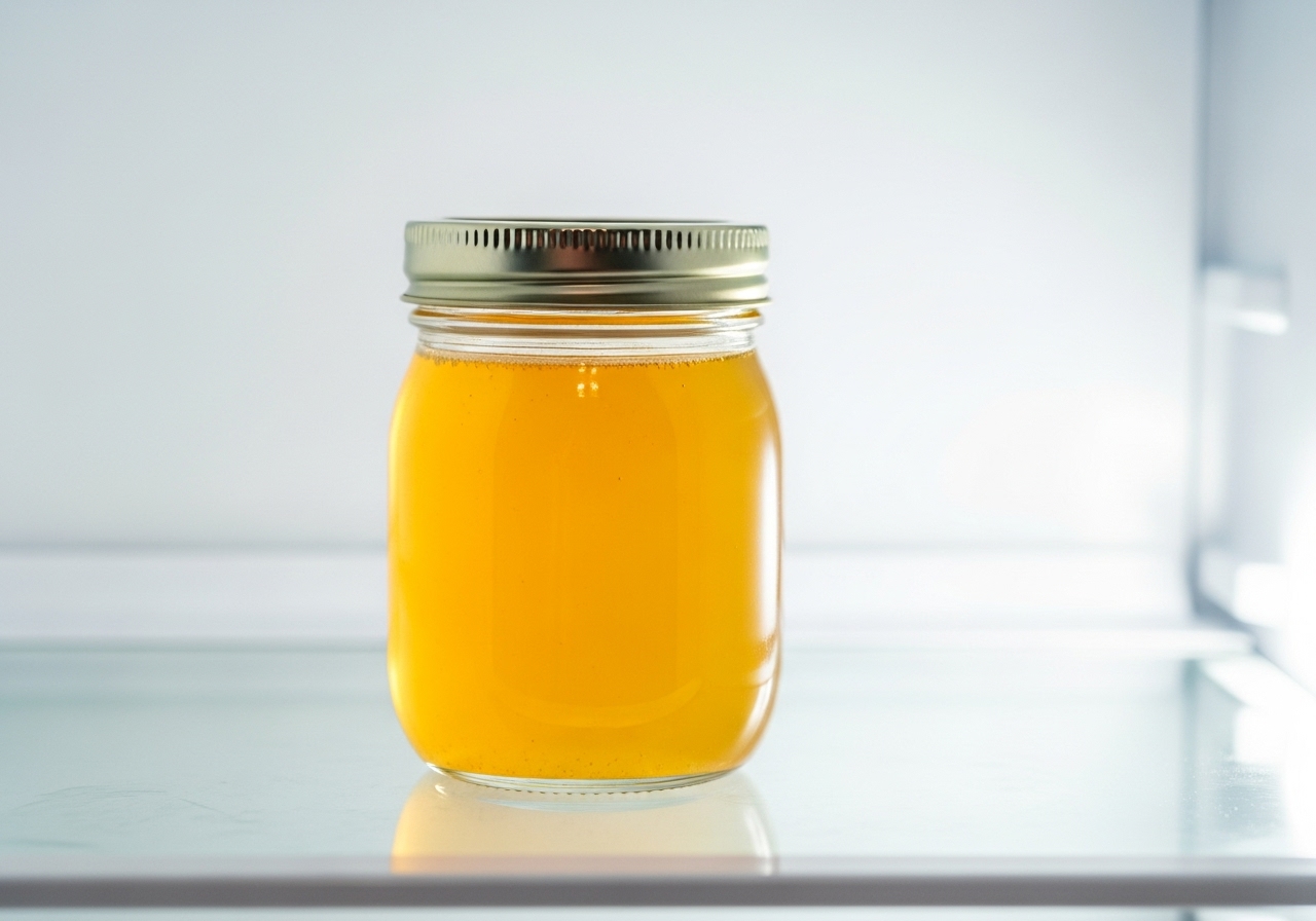 Glass jar of homemade apple cider syrup chilling in a refrigerator.