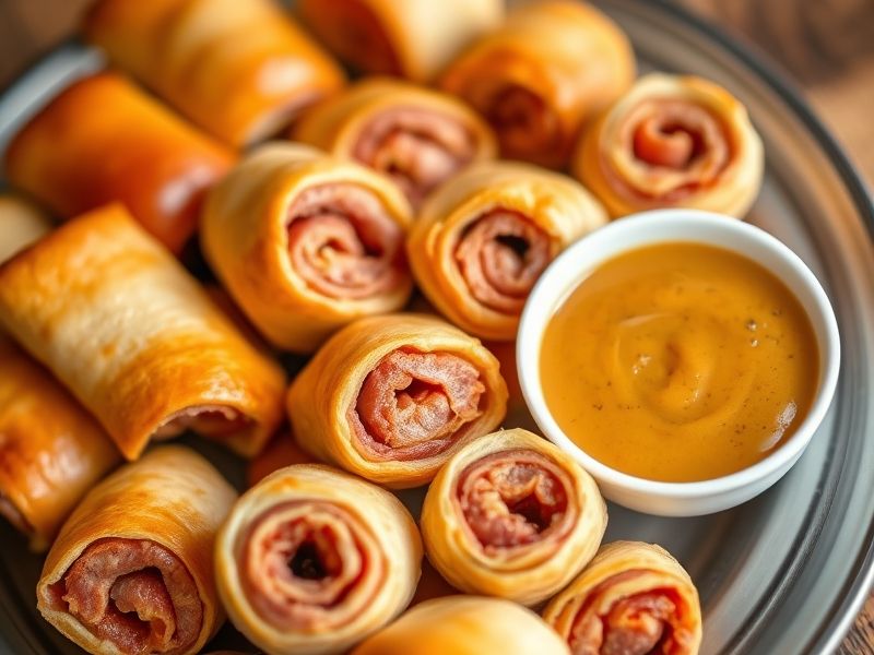 Des rouleaux de hot-dog finis disposés sur un plateau de service à côté d'un petit bol de trempette tangy, prêts à être dégustés.