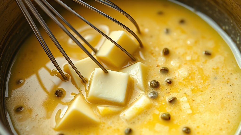 A whisk expertly incorporating cold butter pieces into the simmering lemon-caper sauce on low heat, demonstrating the emulsification process as the sauce turns creamy, in golden yellow tones.