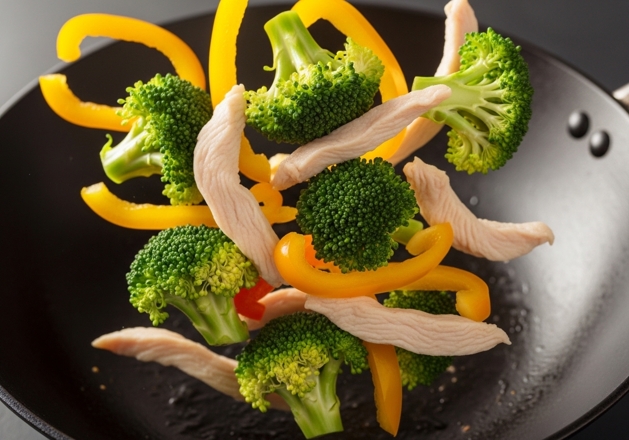 Ultra-Nahaufnahme von farbenfrohen Pfannengericht-Zutaten (z.B. geschnittenes Hähnchen, Brokkoliröschen, gelbe Paprikaschoten), die schnell in einem heißen Wok geworfen werden. Die Texturen sind knusprig und lebendig.