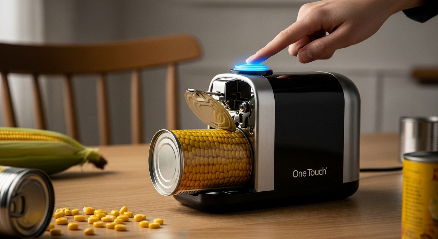 One Touch electric can opener, black with a glowing blue button, opening a yellow can of corn on a wooden table.