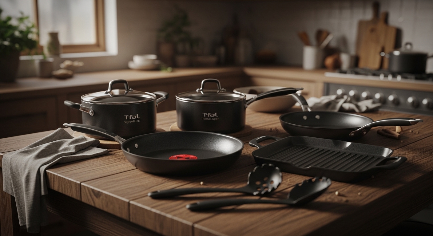 T-fal Signature 12-piece nonstick cookware set with frypans, saucepans, Dutch oven, and black utensils.