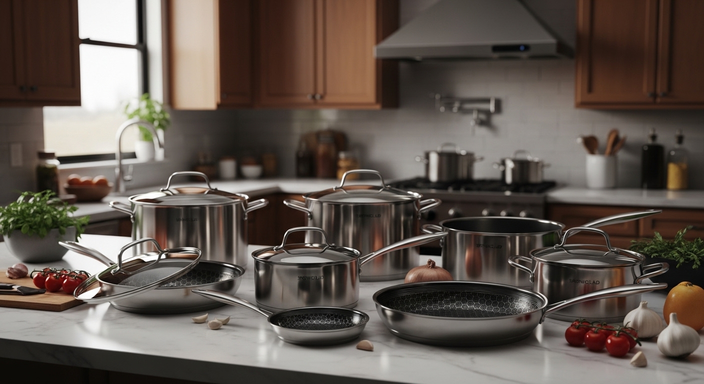 SNOWCLAD 10-piece hybrid stainless steelónonstick cookware set with frying pans, saucepans, and casserole pot.