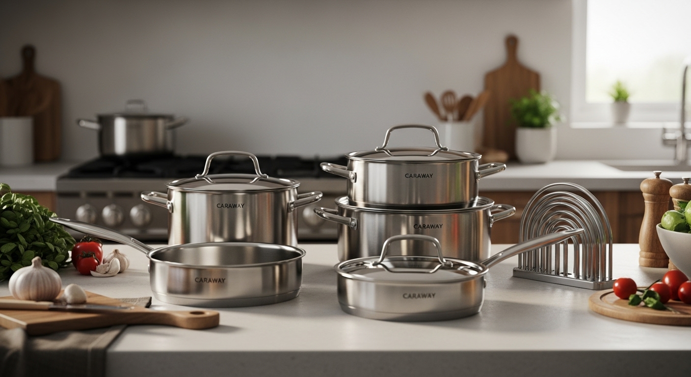 Caraway 12-piece stainless steel cookware set with fry pan, sauce pan, sauté pan, Dutch oven, and storage organizers.
