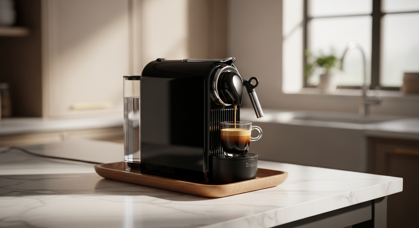 Kompakte Nespresso Essenza Mini von Breville in einer minimalistischen Kücheneinrichtung