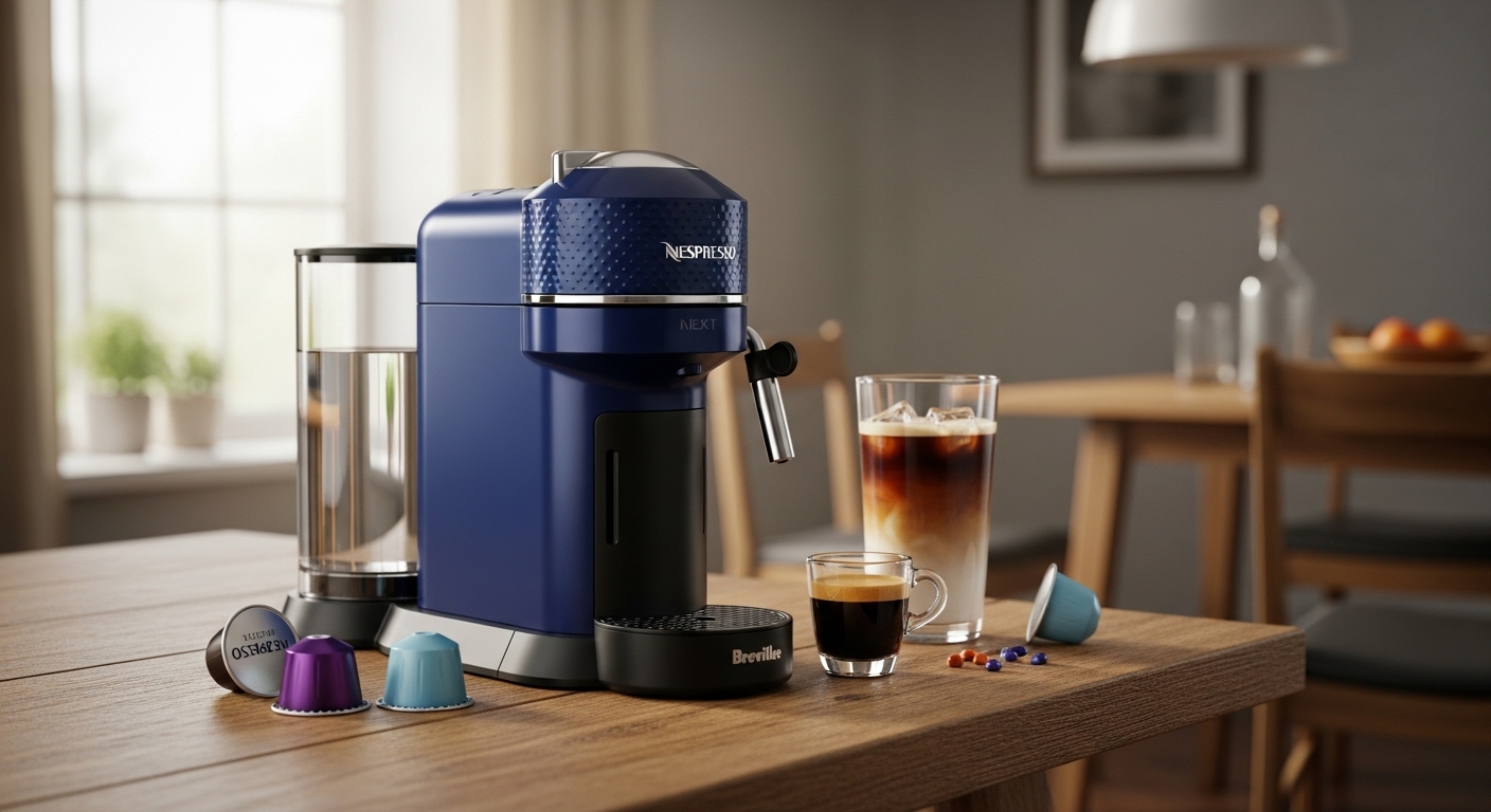 Navy Nespresso Vertuo Next von Breville brüht Eiskaffee auf einem rustikalen Holztisch