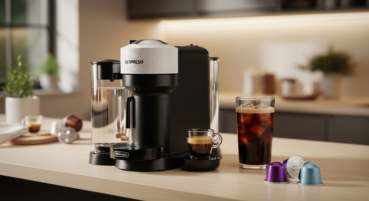 Weiße Nespresso Vertuo Next von De'Longhi bereitet eine frische Tasse Kaffee in einer gemütlichen Küche zu