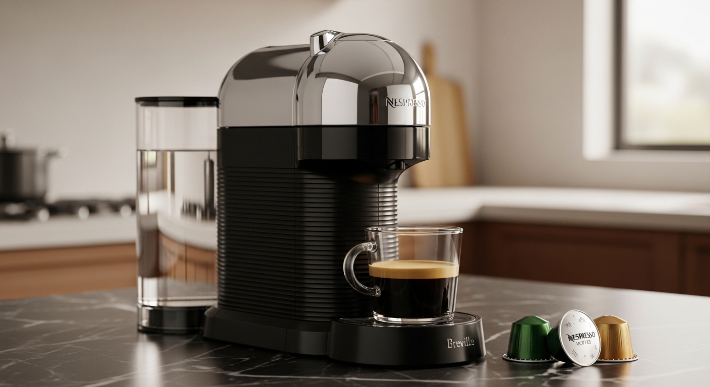Glänzende Nespresso Vertuo von Breville in Chrom mit einer dampfenden Tasse auf einer Marmorarbeitsplatte