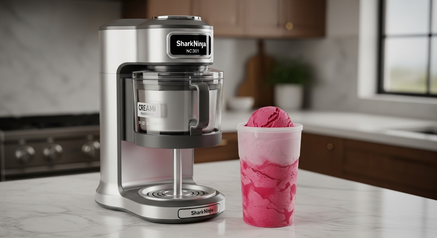 SharkNinja NC301 CREAMi 7-in-1 Ice Cream Maker, Cloud Silver, preparing a pint of pink sorbet.