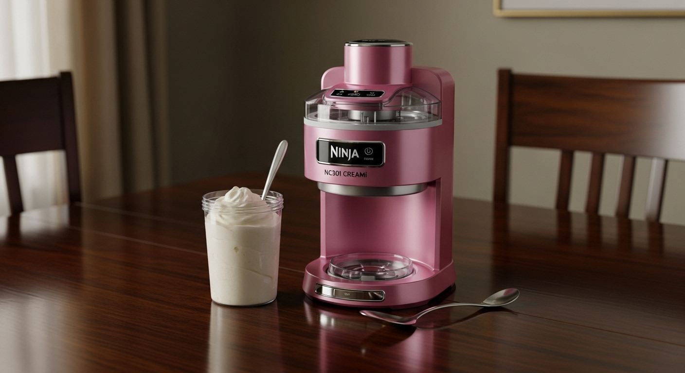 Ninja NC301 CREAMi Ice Cream Maker in a stylish pink finish, ready for homemade desserts.