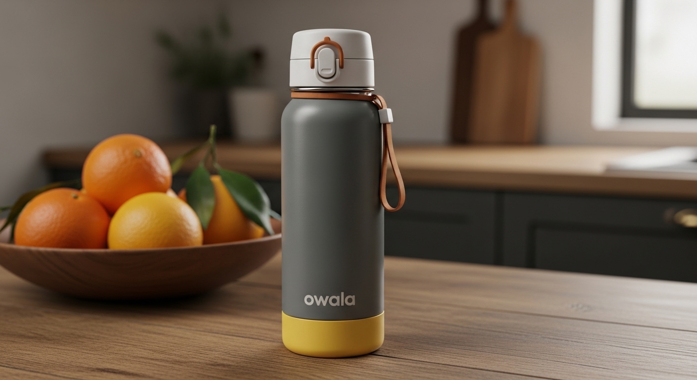 Owala FreeSip 24 oz Trinkflasche in Golden Conquest (grau/gelb) auf einem rustikalen Holztisch mit frischem Obst