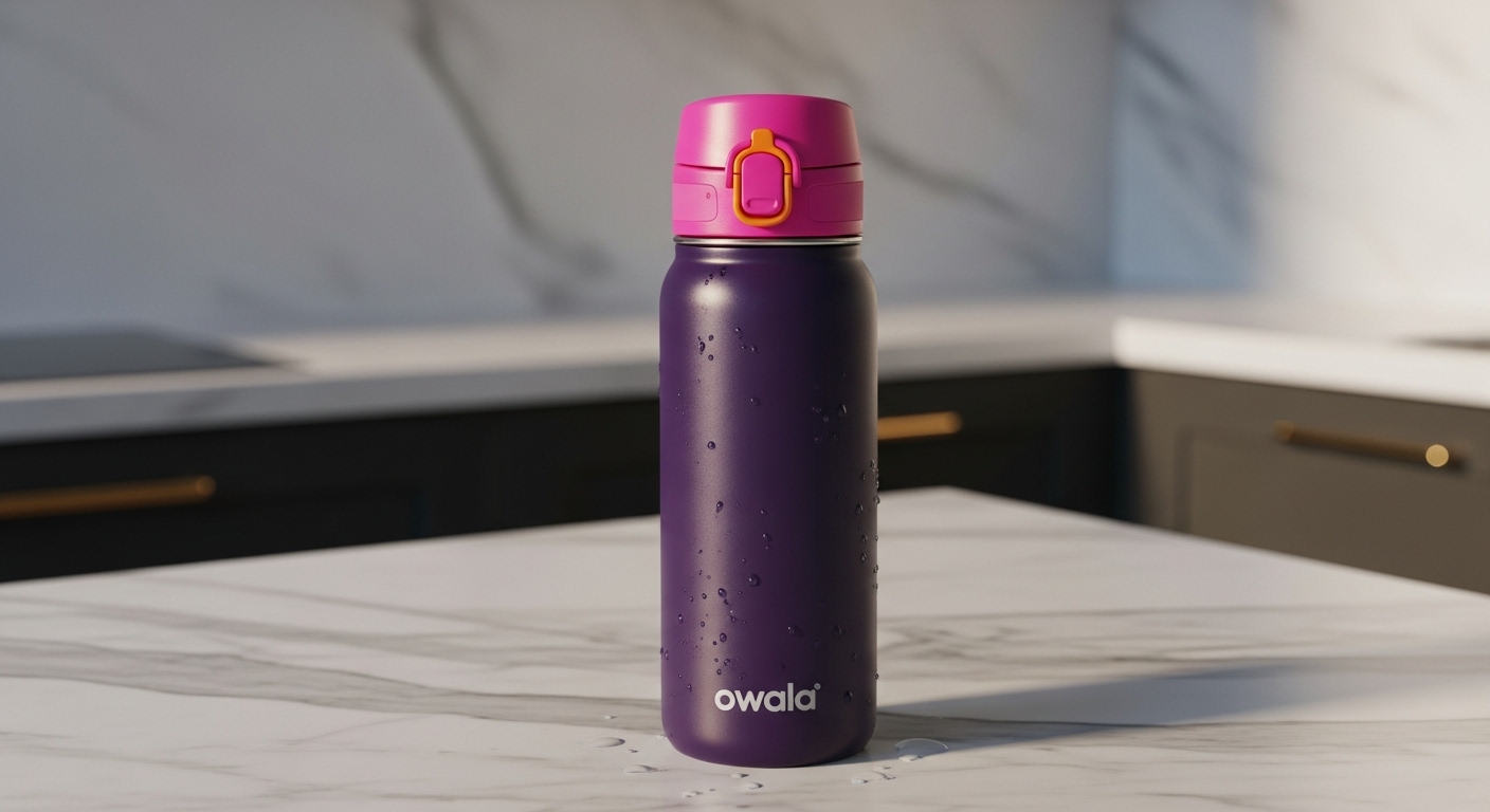 Owala FreeSip 24 oz Trinkflasche in Crown Jewel (lila/rosa) auf einer Marmorarbeitsplatte