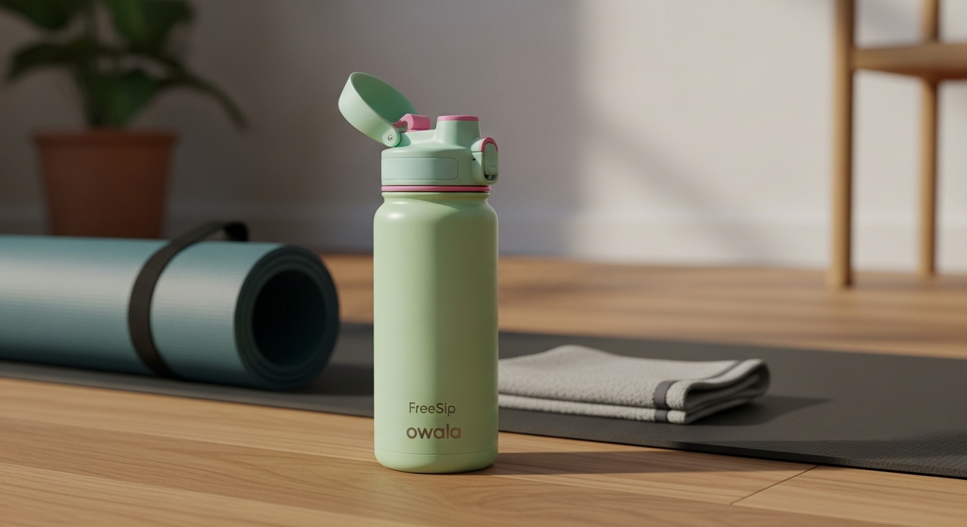 Owala FreeSip 24 oz Trinkflasche in Alpine Sport (grün/minze) neben Fitnessausrüstung