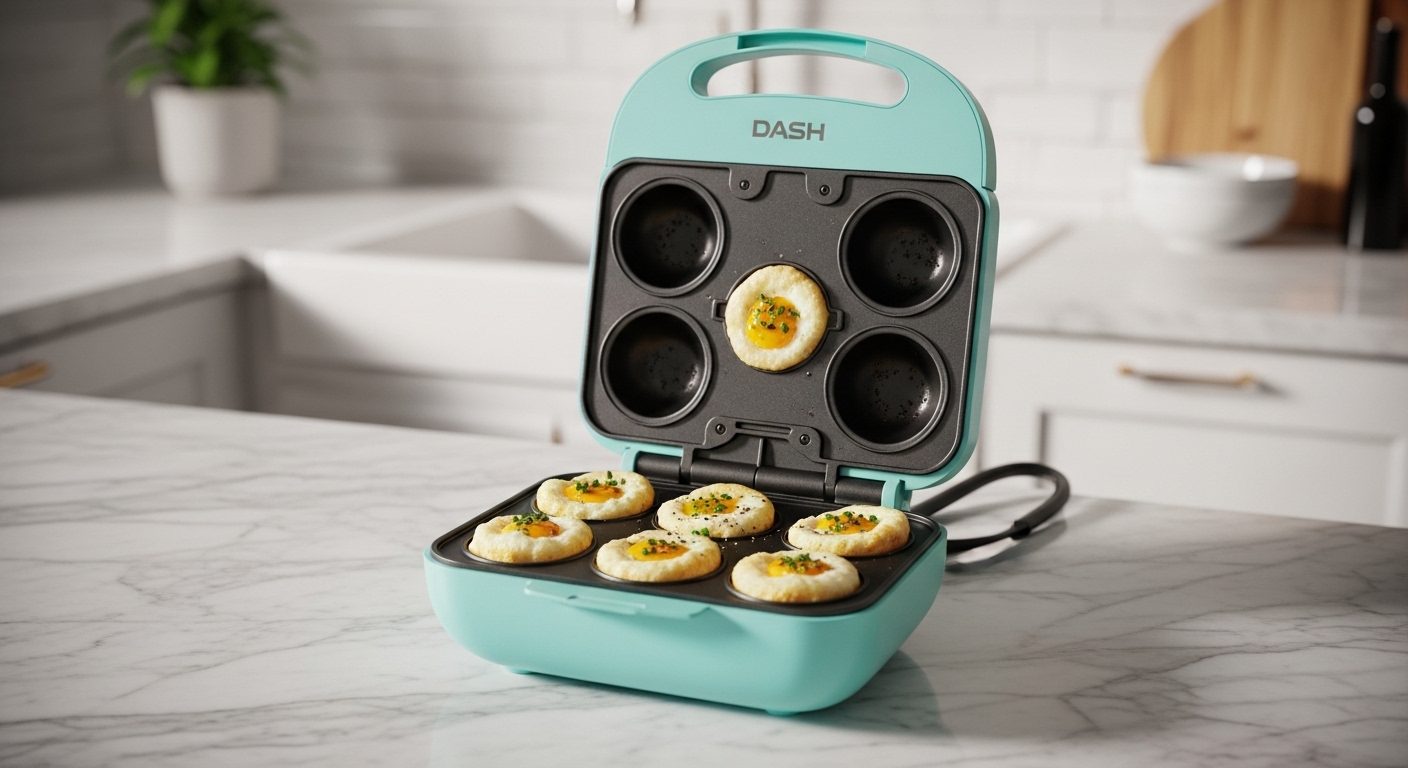 DASH Deluxe Sous Vide Style Egg Bite Maker in aqua, open to reveal silicone molds filled with cooked egg bites garnished with mushrooms and spinach, on a bright white background.
