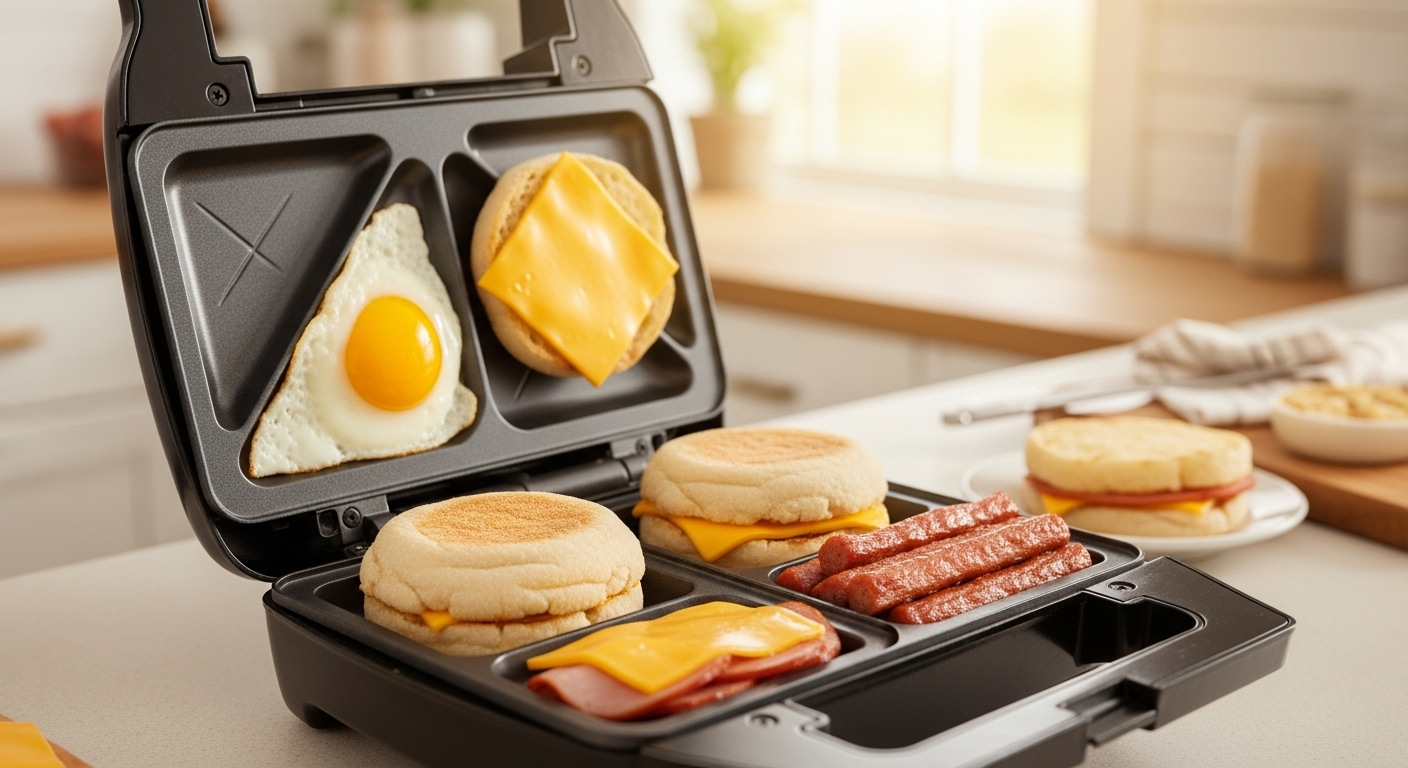 Hamilton Beach Dual Breakfast Sandwich Maker (25490MNA) open, showing two English muffins, fried eggs, cheese, and ham being assembled for cooking, with a digital timer visible.