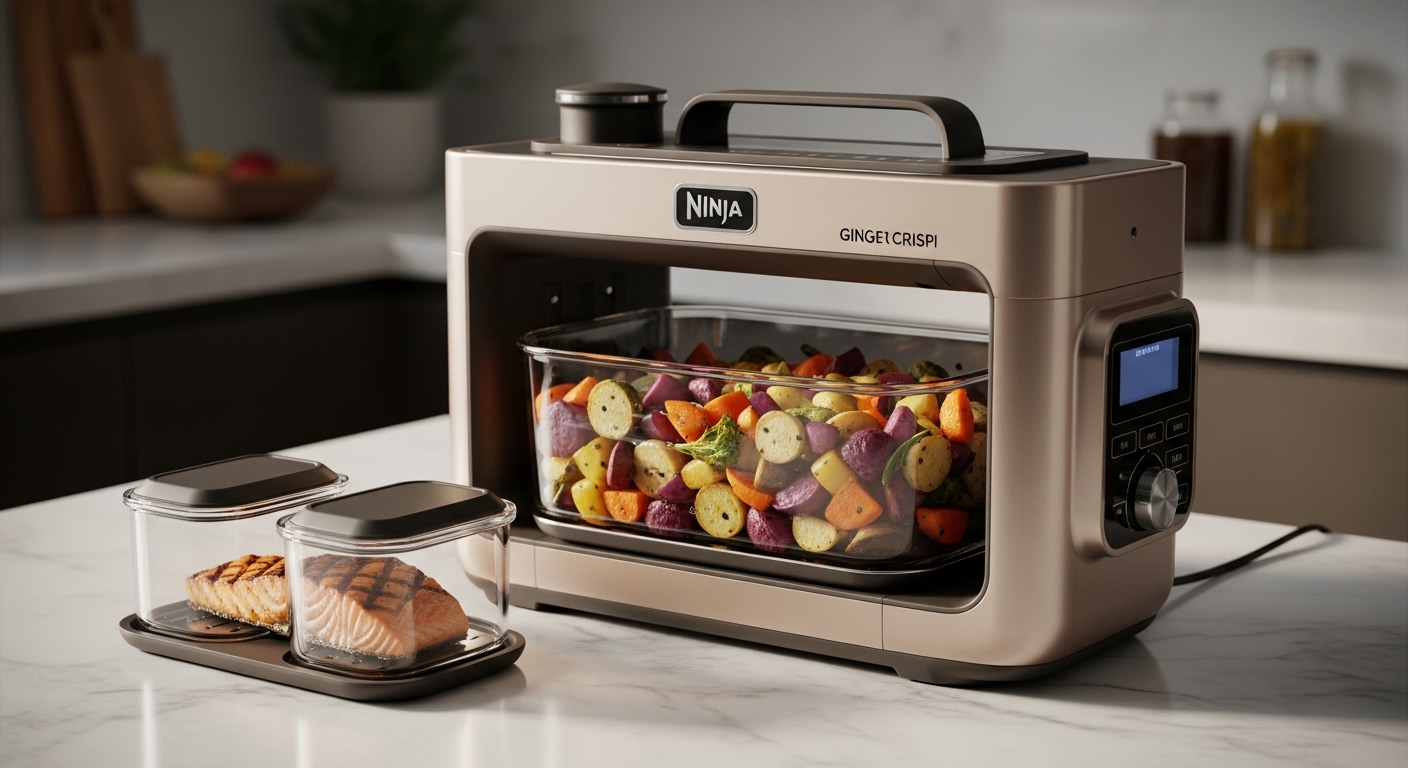 Ninja Crispi 4-in-1 tragbares Kochsystem in Ginger Snap Goldfarbe, frittiert perfekt geröstetes Gemüse auf einer modernen Marmorarbeitsplatte.