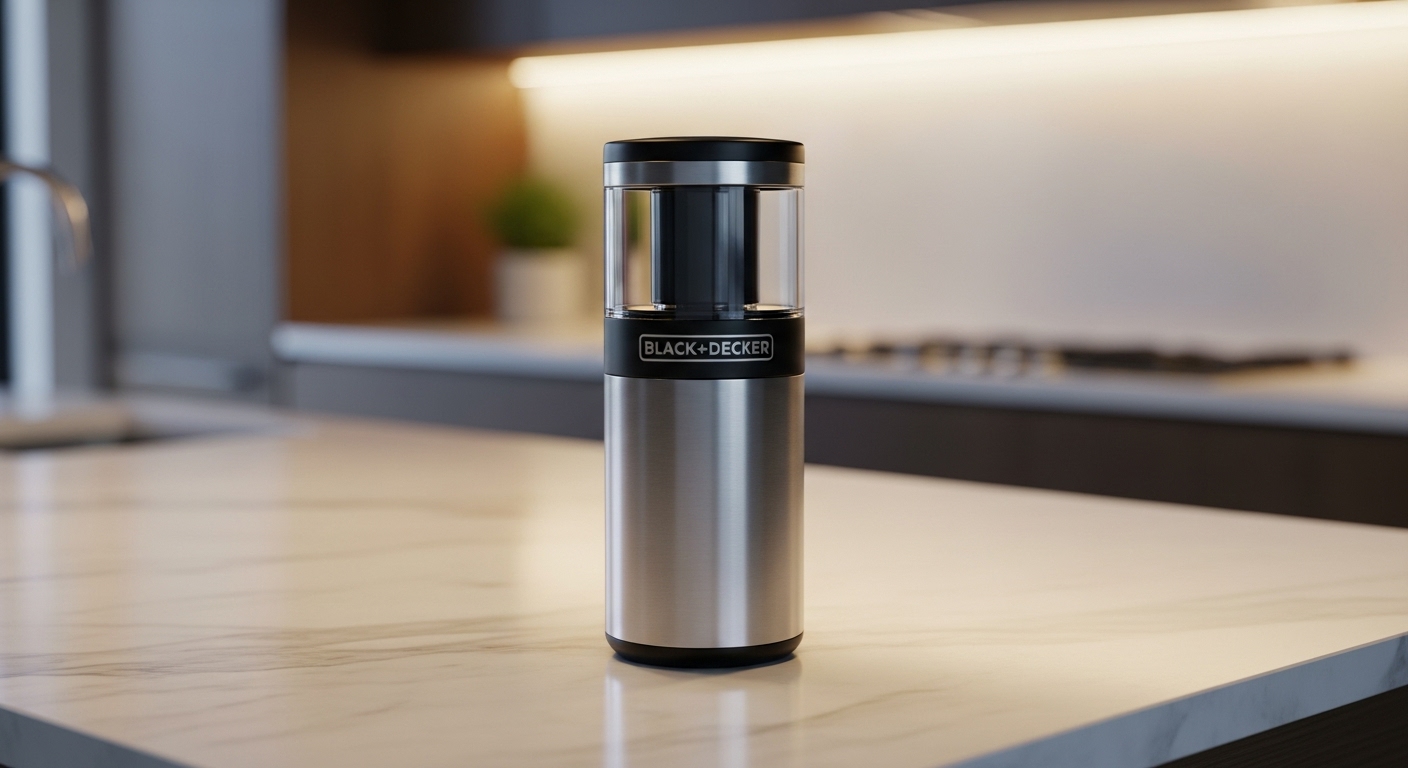 BLACK+DECKER One Touch Coffee Grinder with a stainless steel body and black lid, placed on a light marble kitchen island.