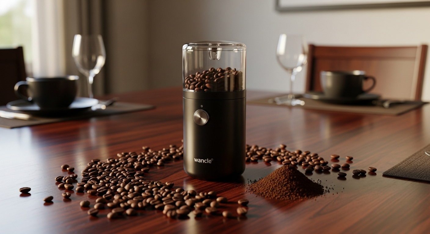 Wancle Electric Coffee Grinder in black with a transparent lid, alongside fresh coffee beans and ground coffee, on a dark wooden table.