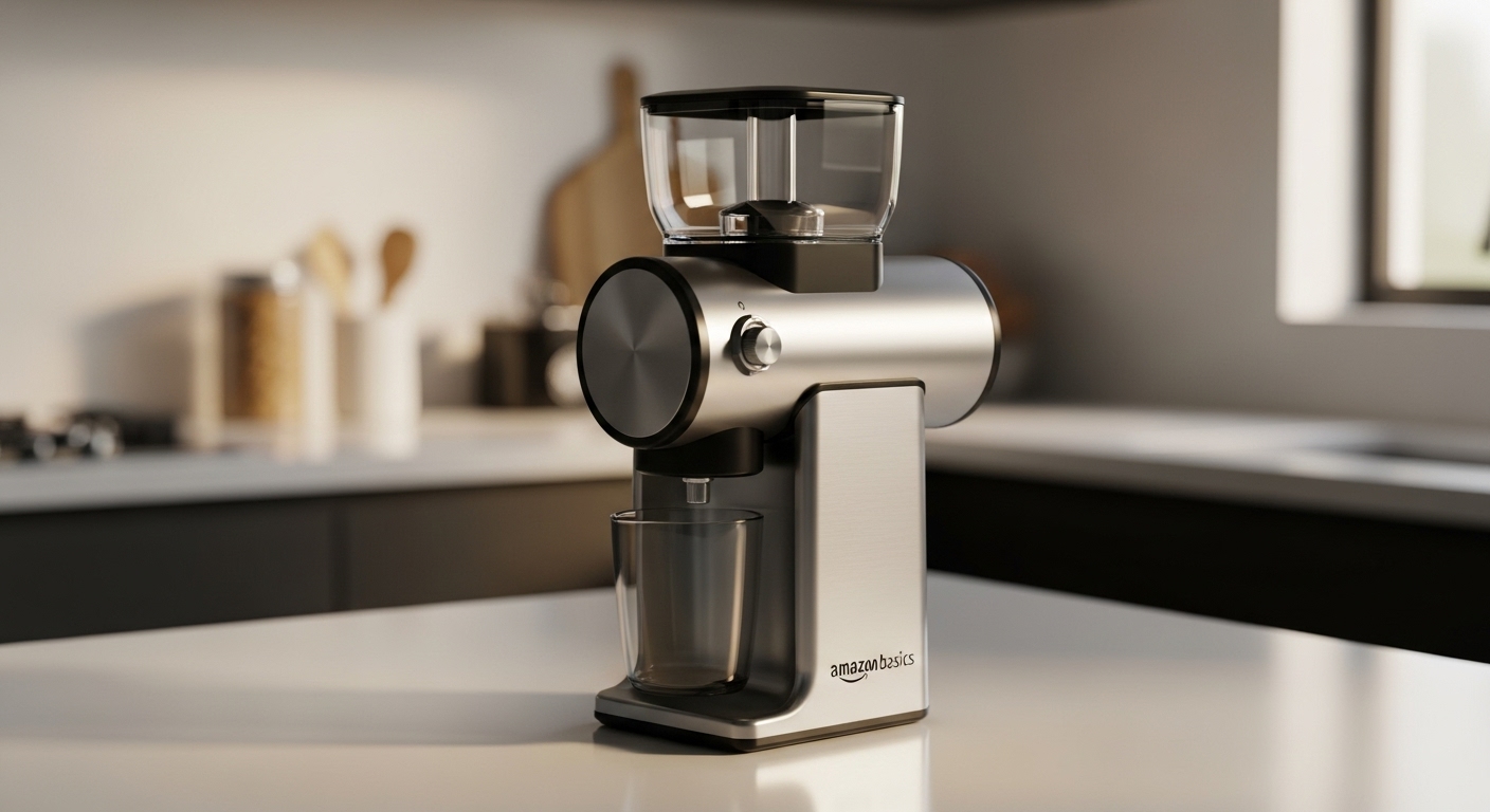 Amazon Basics Electric Coffee Grinder with a stainless steel body and clear top, positioned on a modern kitchen countertop.
