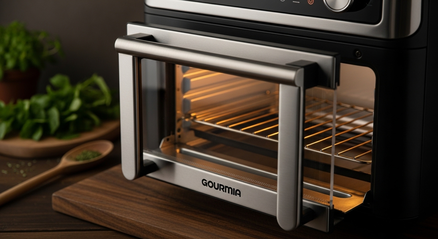 Nahaufnahme der charakteristischen Französischen Türen und des Kupferinnenraums des Gourmia Toaster Oven Air Fryer.