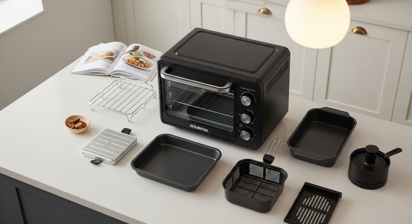 Gourmia Toaster Oven Air Fryer Combo mit seinem mitgelieferten Frittierkorb, Ofenrost, Backblech und Krümelschublade.