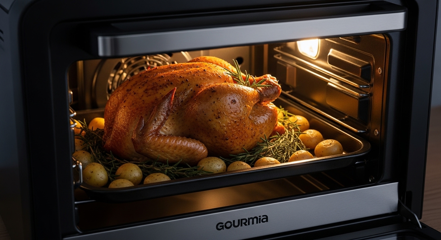 Gebratenes Hähnchen, das im Gourmia Toaster Oven Air Fryer Combo perfekt gart.